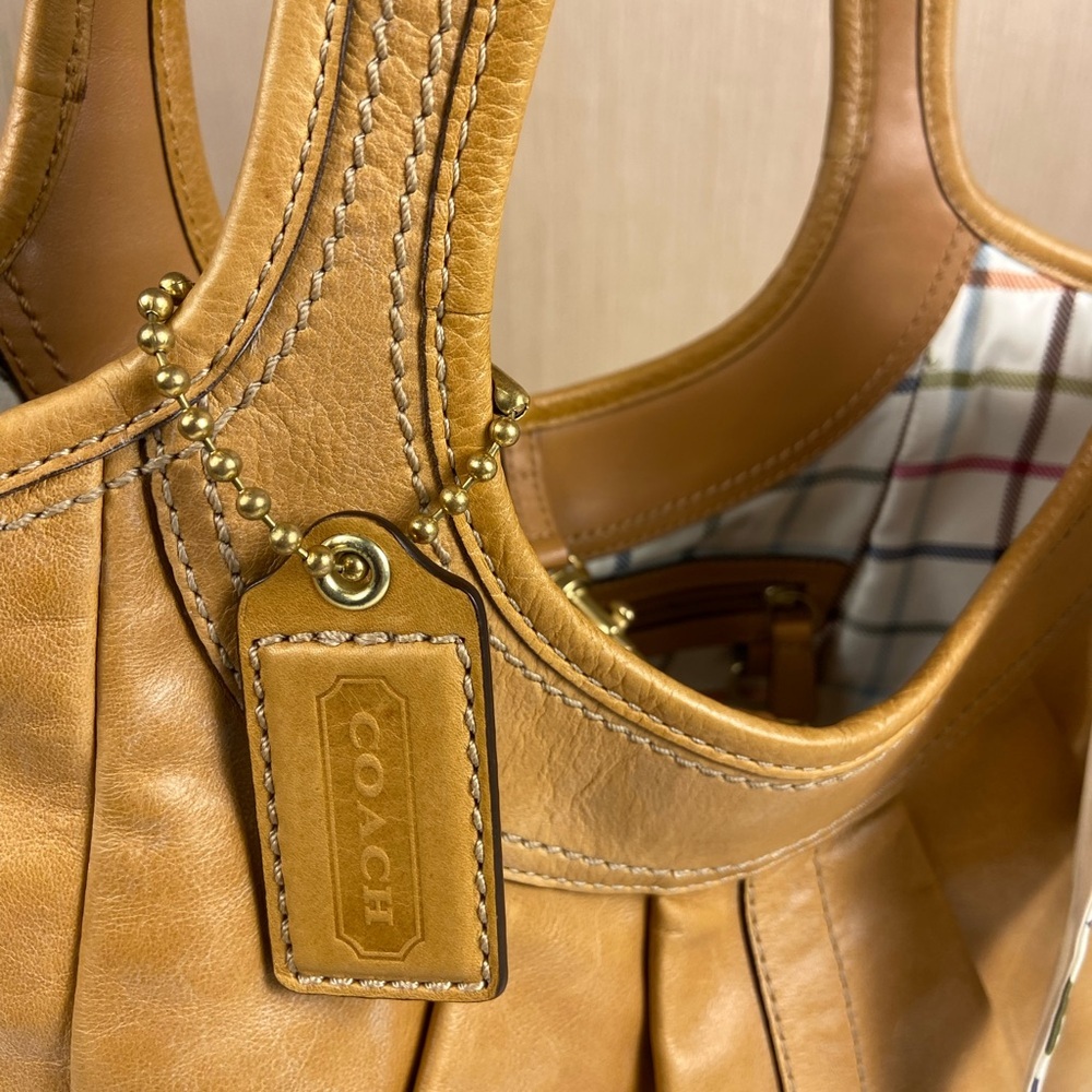 Coach Ergo Pleated Hobo Camel Leather Bag Tattersall Lining Y2K 2008 - EUC - Picture 8 of 13
